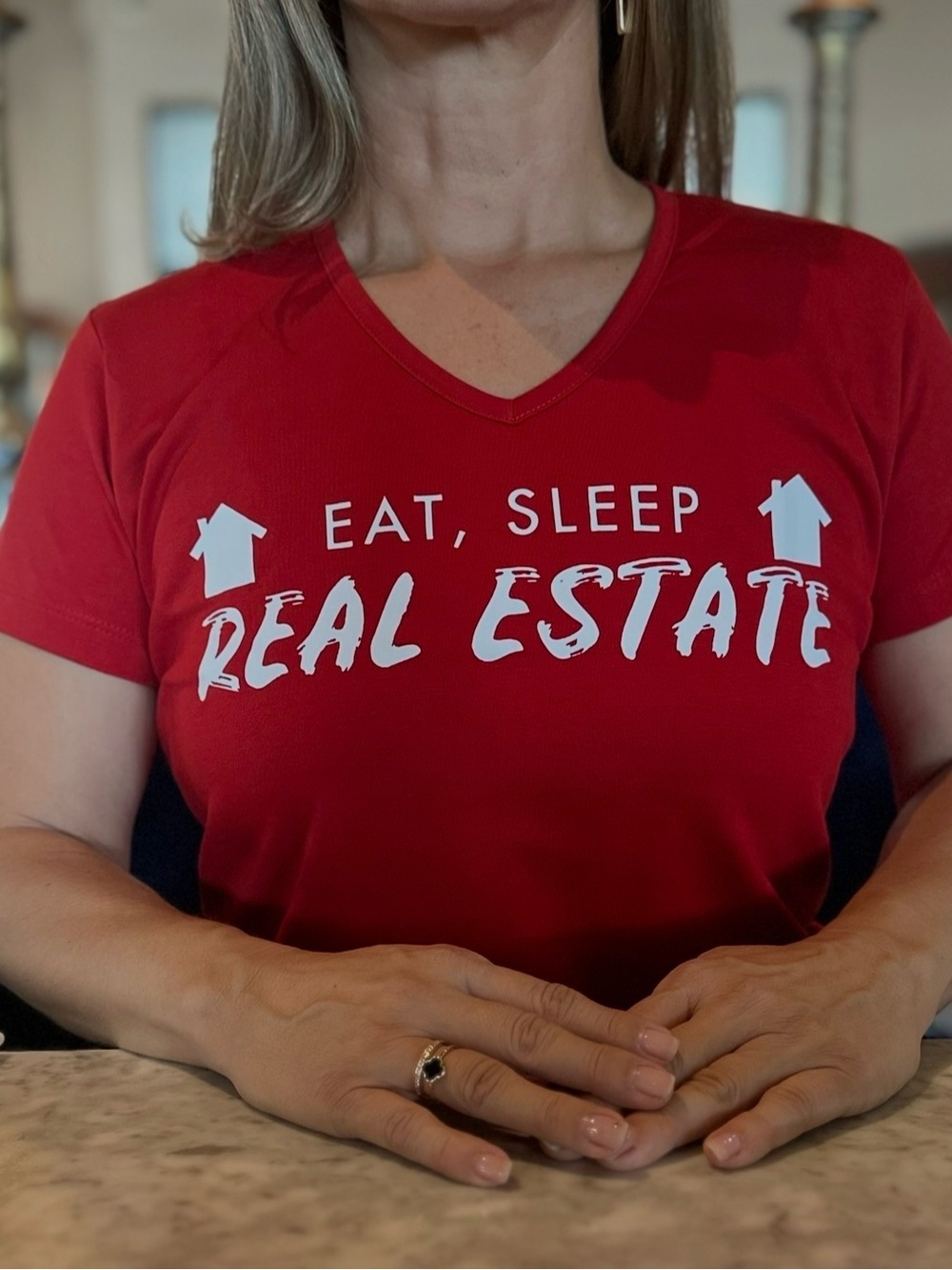 Baltica Eat Sleep Real Estate Red V-Neck T-Shirt Size L